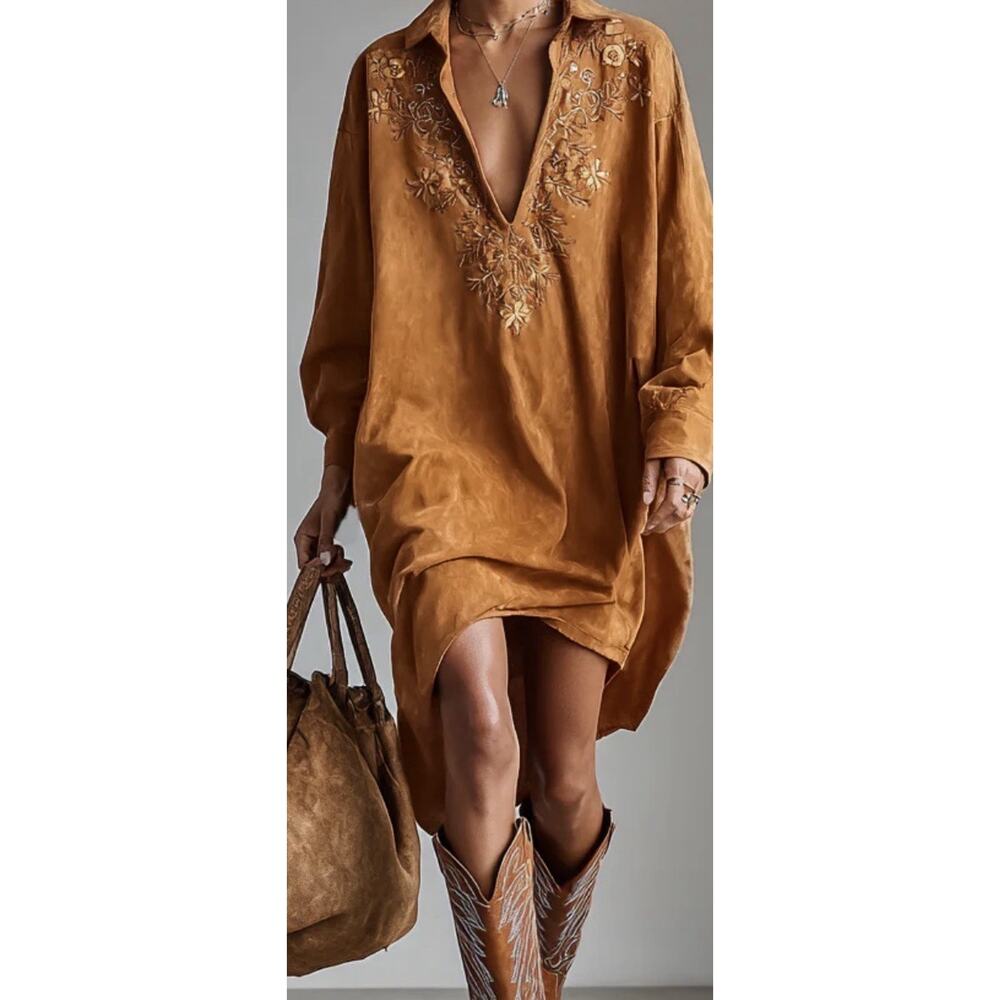 MODESEES Suede Loose Lapel V-neck Embroidered Longsleeved Midi Dress-S Oversized